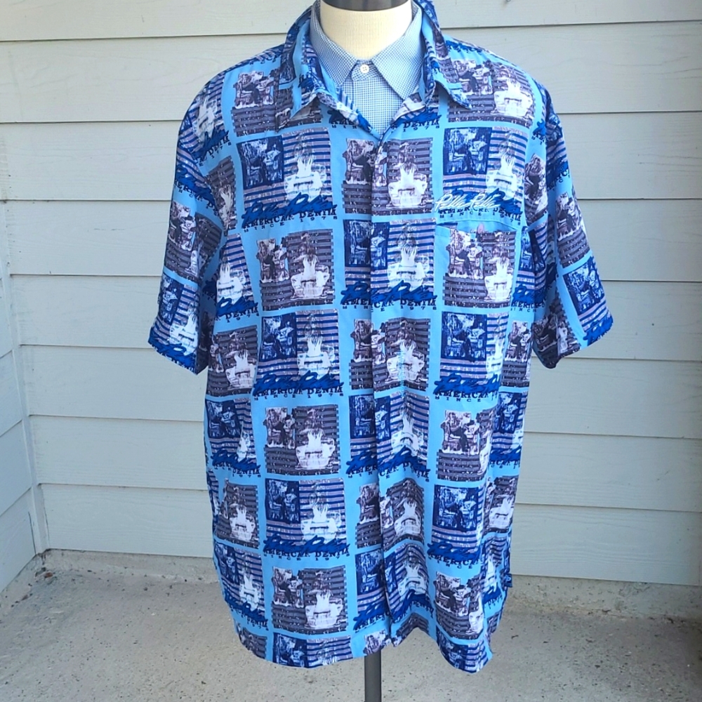 PELLE PELLE Marc Buchanan Blue Hip Hop Polyester XXL Mens Button Down Shirt VTG